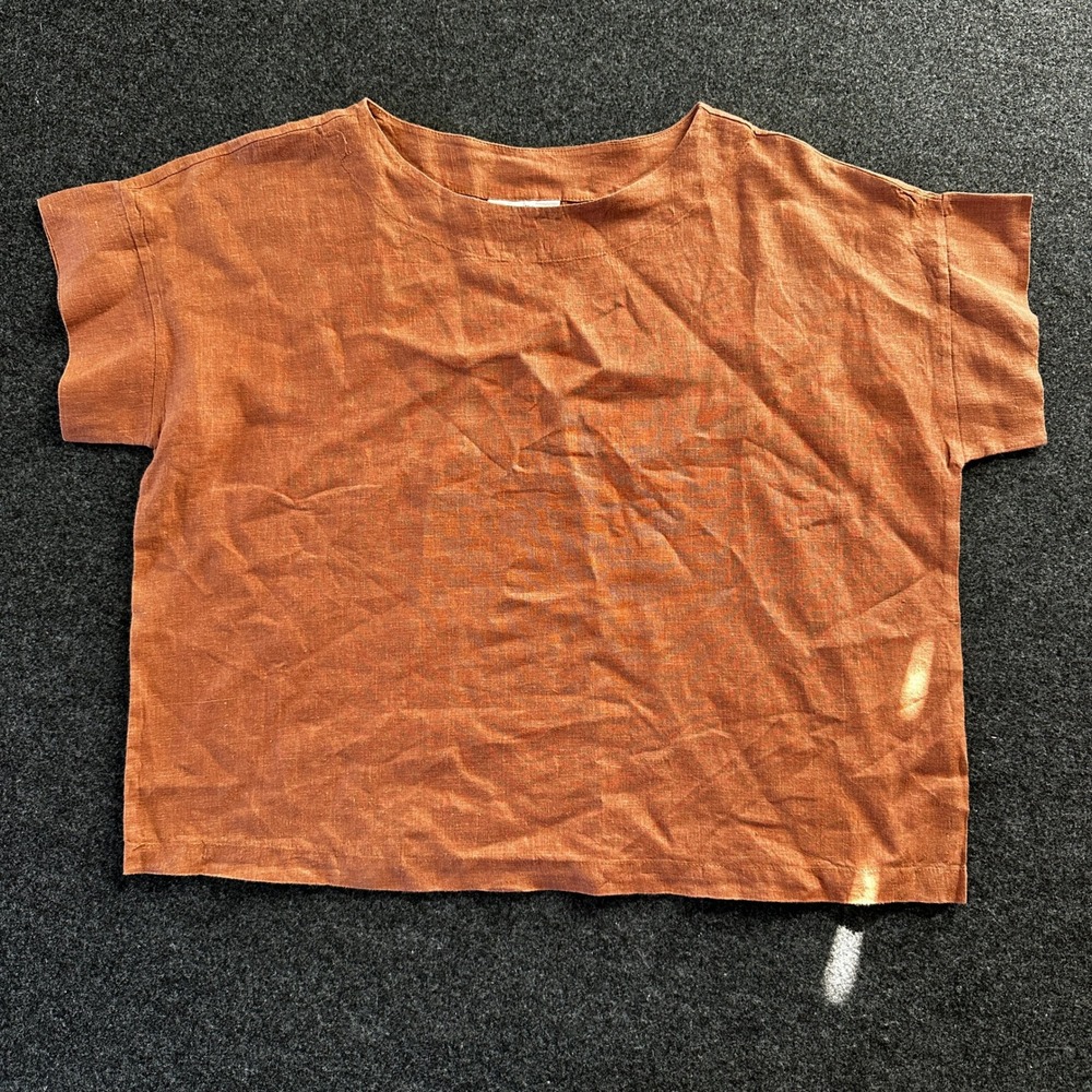 Bryn Walker Womens XS Orange 100% Linen Boxy Short Sleeve Crop Top Made in USA